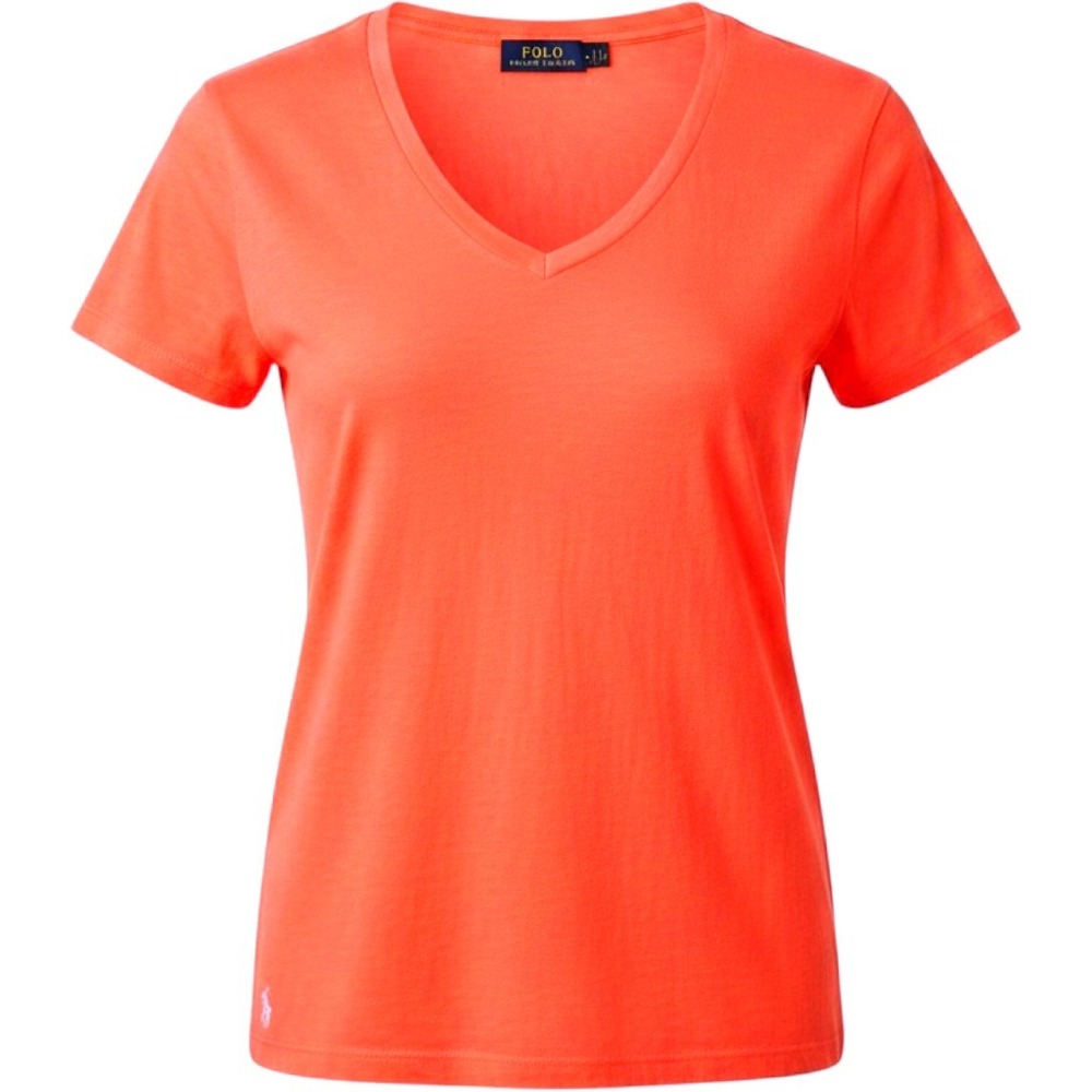 Polo Ralph Lauren Womens Coral Orange V-Neck Cotton T-Shirt Size M Pony Logo
